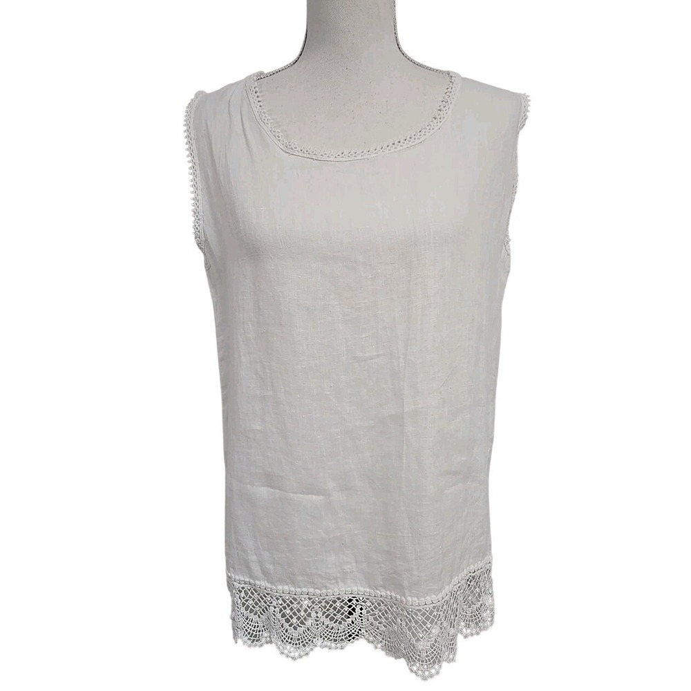 Laura Bianchi Made in Italy Sleeveless Blouse Top Crochet White 100% Linen Sz M